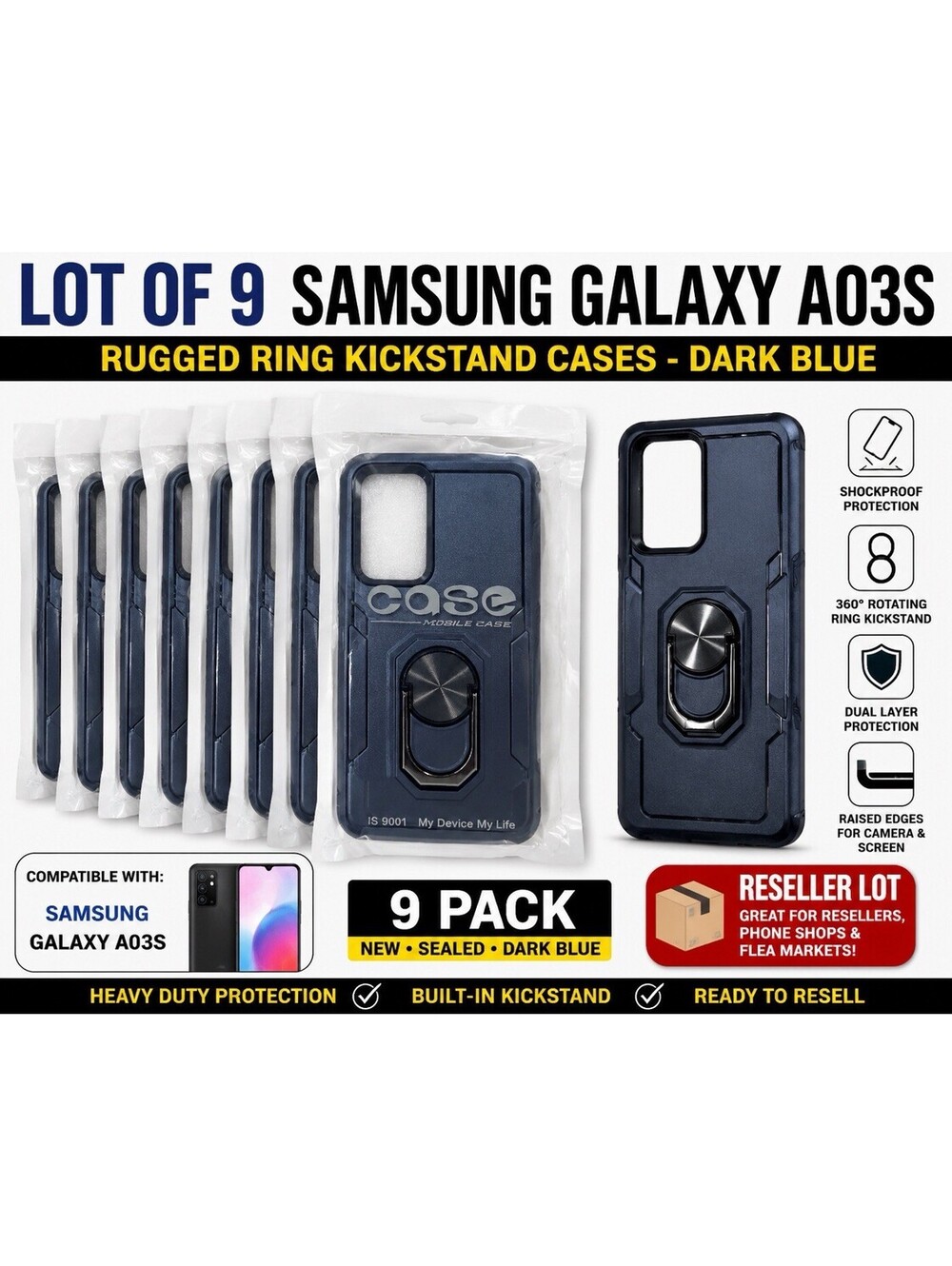 Bulk Lot of 9 New Samsung Galaxy A03S Rugged Phone Cases – Dark Blue